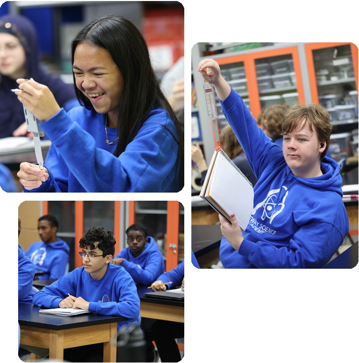 Students engaged in various activities in a science lab, showcasing teamwork and experimentation